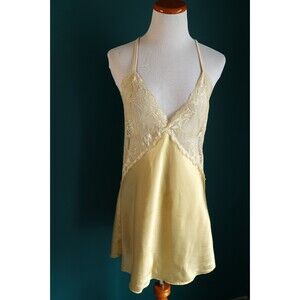Avid Love Yellow Satin Lace Slip Dress Sheer Fairy Romantic Babydoll Coquette XL